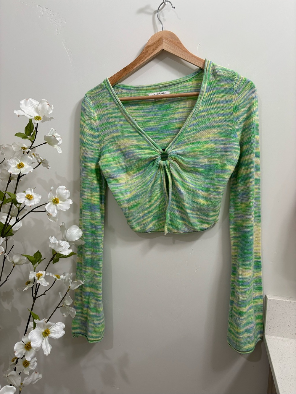 American Eagle Ring-Front V-Neck Cropped Sweater